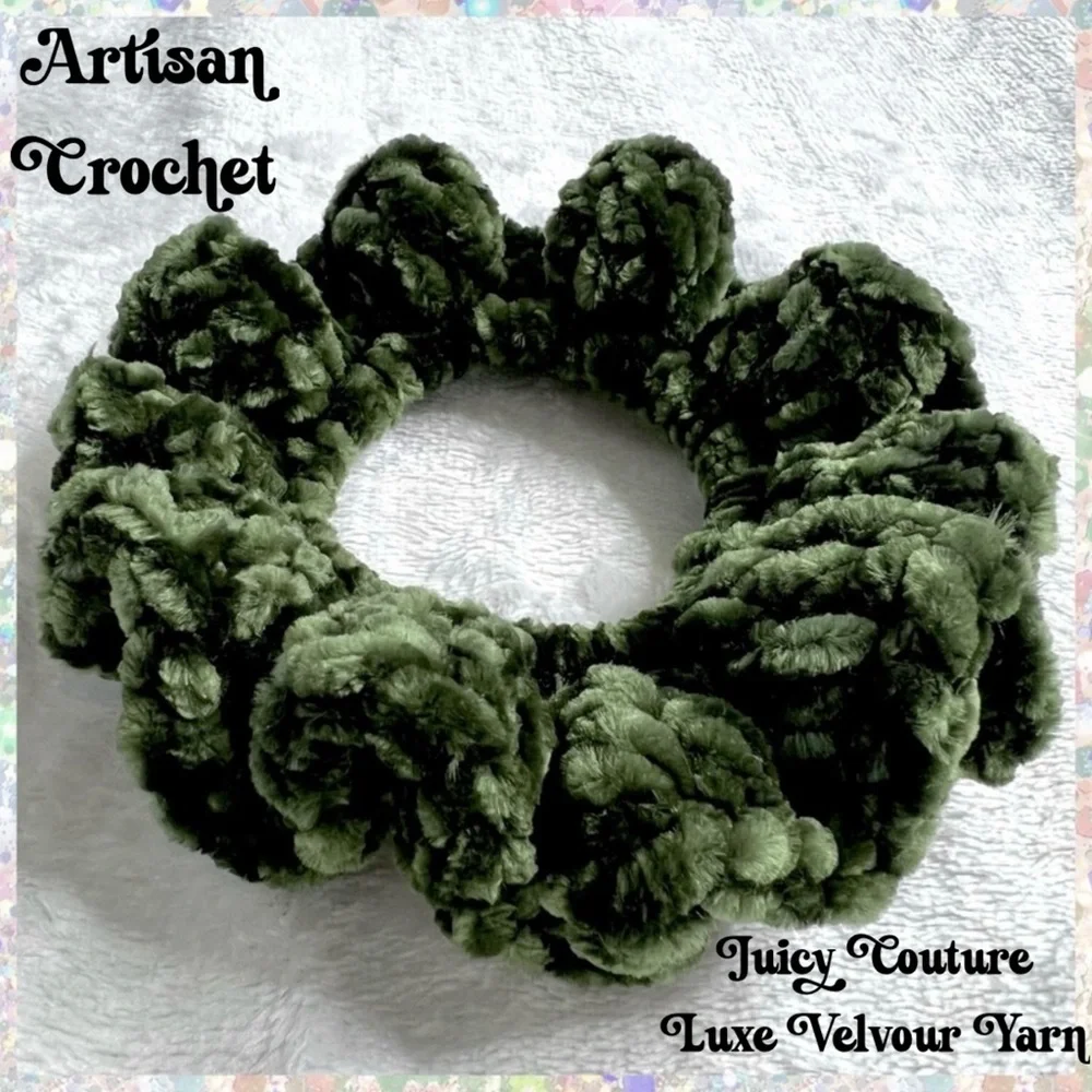 Handmade Crochet VELVET Hunter Green Large Hair Scrunchie PinkRainCloud